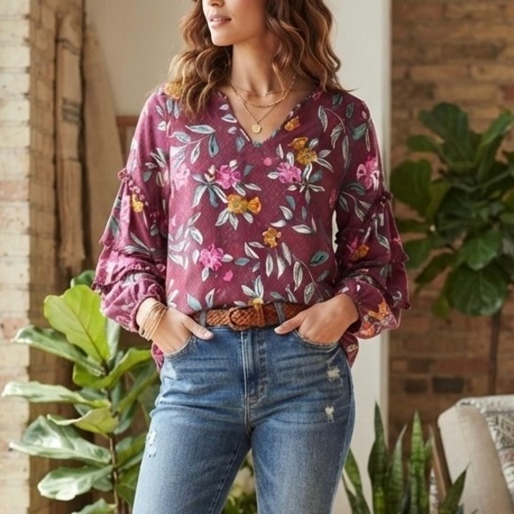 Democracy Tops - Democracy Womens 1X Beet Red Floral Boho Flowy Peasant Puff Ruffle Sleeve V-Neck